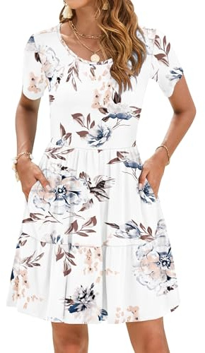 AUSELILY Vestidos de Verano para Mujer Elegante Vestido de Playa con Volantes Vestido Casual de Manga Corta con Bolsillos Floral Blanco M