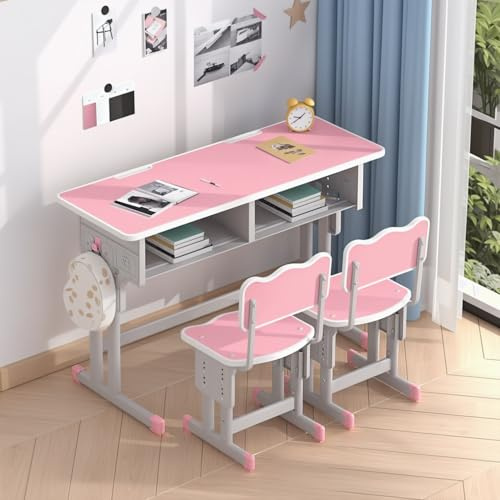 gihusrzx Mesa de estudio con asiento doble para niños, con ajuste de altura de 5 marchas, capacidad de carga de 150 libras, juego de silla y escritorio con cubierta de goma antideslizante, amplio