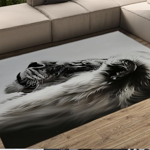 BYLEEHOMED Schwarz-Weißer Teppich 180x240cm Afrikanische Tierwelt Löwen Teppich für Wohnzimmer Lustige Löwe Eingangsteppiche für Nebentisch Home Office