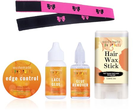 wodemate Lace Front Wig Glue Kit for Wigs Waterproof & Strong Hold Bond Adhesive Tape in Extensions Remover/Lace Glue Remover Fast Acting Wig Installation Kit with Hair Wax Stick and Edge Control