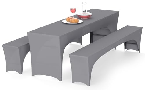 Alishomtll 3er-Set Elastisch Biertischhussen, Stretch Bierzeltgarnitur für 70cm Tischbreite, Bierbankhussen Bankgarnitur für Biertisch und Bierbank Bankett Gartenmöbel-Bezüge, 220x70cm Grau