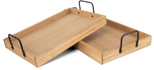 Juego de Bandejas de Madera 2 Piezas con Asas de Acero - Bandeja Grande Rectangular para Servir Comidas