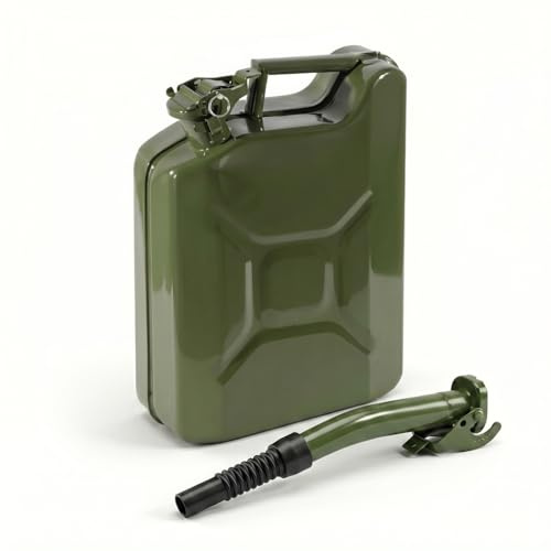 MAKA Tanica Benzina in Metallo con Beccuccio, Verde Militare e Presa Ergonomica, Bidone Carburante con Chiusura di Sicurezza, Antiruggine Certificata UN Trasporto Merci Pericolose (10 Litri)