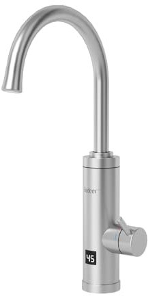 Fudeer 220V Electric Hot Water Tap for Kitchen, 3.3Kw Instant Hot Water Faucet, 360 Degree Rotate Stainless Steel Water Heater Tap with Digital Display 30-45℃(Silver)