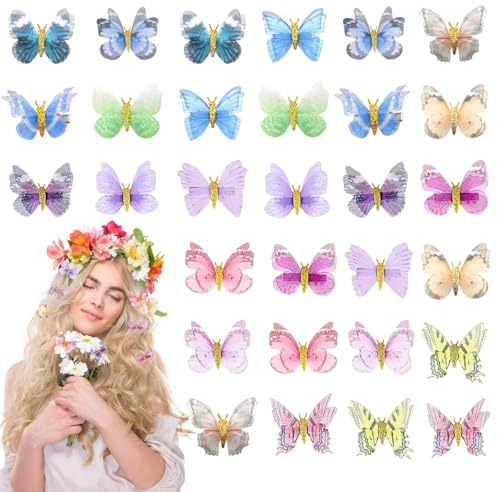 KEYRI 30 Stück 3D Schmetterling Haarclips Set Schnappen Haarspangen Kleine Realistische Bunte Glitzer Krokodilklemmen Haare Organza Stoff Durchscheinender Chiffon Schmetterling (Mehrfarbig)