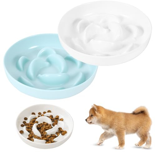 Lot de 2 gamelles anti-glouton pour chat - Antidérapantes et faciles à nettoyer - Gamelles interactives pour chats et petits chiens - Gamelles anti-glouton - Blanc et bleu