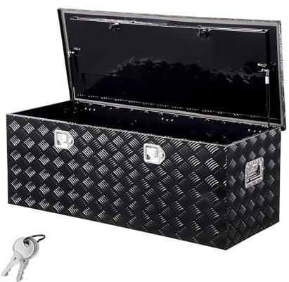 VEVOR Boîte à outils pour camion en aluminium, 1219,2x495,3x444,5 mm, coffre de benne de pick-up verrouillage, plaqué à rayures, avec poignées latérales et serrures, pour remorque camping-car, noir