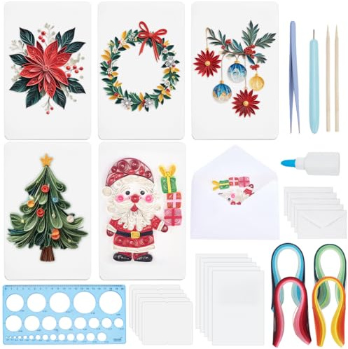 WEBEEDY 20 Set Weihnachten Papier Quilling Kit Für Erwachsene Anfänger Handgefertigt 5 Stile Santa Schneeflocken Weihnachtsbäume Kränze Ball 3D Grußkarte Mit Anleitung