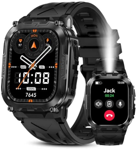 HIDAMEL Smart Watch for Men,130 Days Extra-Long Battery,1.96 HD Display Bluetooth Calling Answer/Dial Calls Rugged Military Full Metal Body with LED Flashlight Compatible for Android & iOS