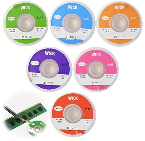 Funver 6 Stück Entlötgeflecht, Desoldering Wire, Ideal zum Entlöten und Entfernen von Lötzinn an Lötstellen, Hohe Wärmeleitfähigkeit Lötlitze, 1.5M Kupferdraht (1.0/1.5/2.0/2.5/3.0/3.5mm)