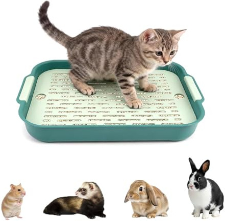Large Rabbit Litter Tray, 27 x 18.5 x 4 cm Rectangular Pet Litter Box | Toilet with Detachable 2 Tier, Easy to Clean, Portable Flat Rabbit Cage Toilet Tray for Bunny, Guinea, Ferret, Hamster(Green)