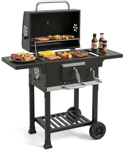 Barbecue Grill, Outdoor XL Charcoal BBQ Smoker with 2 Side Tables, Built-in Thermometer, Adjustable Charcoal Pan & Vent, Warming Rack, Compact Coal BBQ Smoker for Home Garden Party Patio Cooking