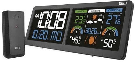 EMOS - Estación meteorológica con 2 pantallas LCD - Sensor inalámbrico (2x AA) - Tecnología Comfort View - Previsión meteorológica, temperatura, humedad, calendario, hora, despertador - Cable de