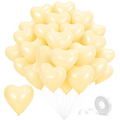 Gleemix 50 Stück Macaron Luftballons Gelb, Herz Weiße Luftballons Girlande | Herz Latex Creme Gelb Helium Ballons, Geburtstagsdeko Babyparty Hochzeit Valentinstag JGA Gender Reveal Party Bride To Be