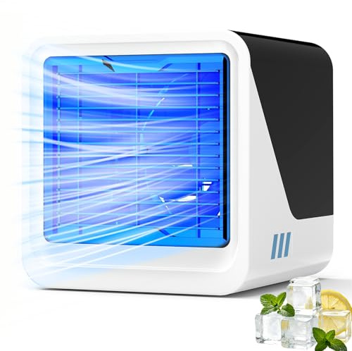Aire Acondicionado Portatil, Climatizador Evaporativo, Ventilador con Agua | 500ml, 4 en 1, Alimentado por USB, 3 Velocidades, Luz 7 Colores, Silencioso, Sin Tubo para Uso Personal, Dormitorio y Oficina