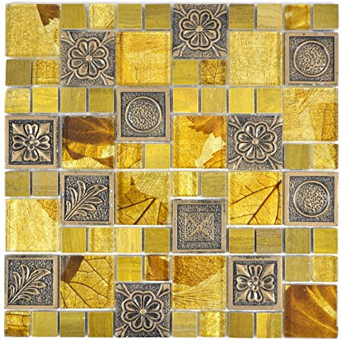 Mosaik Fliese gold Kombination Glasmosaik Crystal Ornament für WAND BAD WC DUSCHE KÜCHE FLIESENSPIEGEL, Mattengröße: 300x300 = 0,09 qm, Steingröße: 23x23/48x48x8 mm - 1 Matte