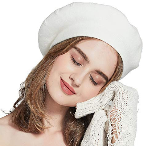 ENJOYFUR Damen Winter Baskenmütze Strickmütze Herbst Winter Mütze Französisch Klassische Baskenmütze, Weißes Lasermuster, Einheitsgröße
