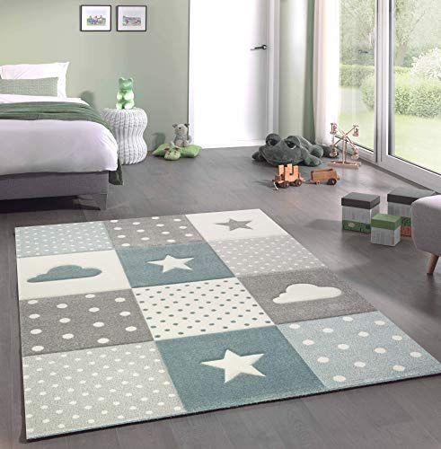CARPETIA Kinderteppich Kinderzimmerteppich Babyteppich Junge Stern Wolke in blau hellblau türkis Größe 140x200 cm