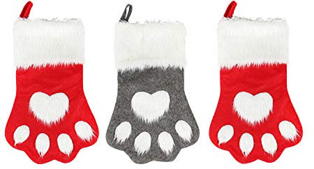 LAEMILIA 3 Stücke Weihnachsstrumpf Weihnachtsdeko Tier Klaue Geschenk Beutel Weihnachten Deko Rot Grün Kariert Muster Kamin Dekoration Nikolausstrumpf mit Schnur Kinder Geschenktasche Nikolaussocken