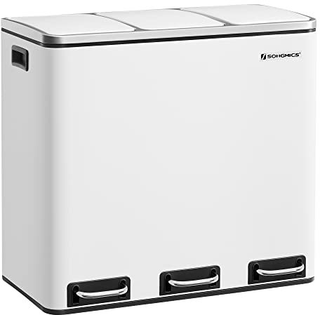 SONGMICS Kitchen Bin, 3 x 18 L Recycling Bin, 3 Compartment Rubbish Bin for Recycling and Waste, 15 Liners Included, Soft-Close Lids, Pedals, Inner Buckets, Steel, Cloud White LTB54WT