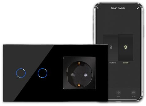 CNBINGO Smart Touchschalter mit Schuko Steckdose unterputz Weiß | WLAN Lichtschalter Arbeit mit Alexa, Google Assistant - Wandschalter zweifach mit Glasrahmen - Neutralleiter Wird Benötigt