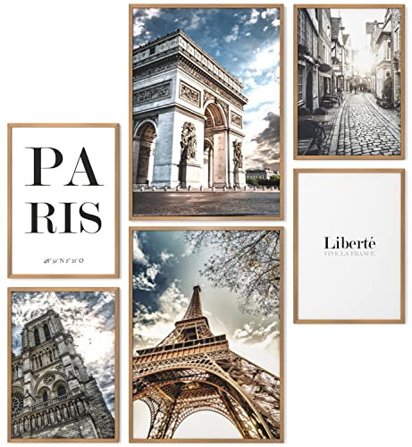 Papierschmiede® Mood Poster Set Paris, Fertiges Bilder Set mit Rahmen (Holz, Natur), Wohnzimmer Deko Schlafzimmer, 2x DIN A3 und 4x DIN A4, Eiffelturm Frankreich Triumphbogen