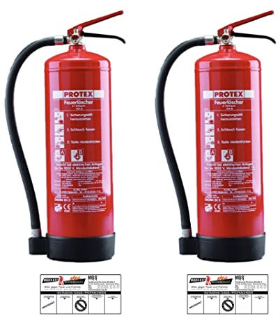 Protex – 2X Schaum-Feuerlöscher SD6 E – 6 Liter – fluorfrei – für die Brandklassen A und B – Zertifiziert nach DIN EN 3 – 11 kg – mit praktischer Halterung – mit Prüfplakette – Made in EU