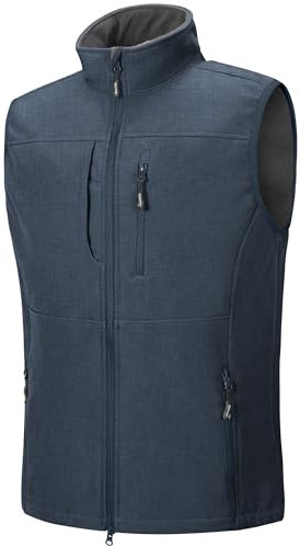 Outdoor Ventures Chaleco Softshell para hombre, impermeable, cortavientos, sin mangas, deportivo, varios bolsillos, chaleco softshell para hombres, gris azul, M