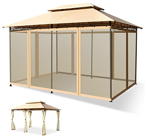 GOPLUS 3,9x2,9M Tonnelle de Reception,Chapiteau de Jardin avec Double Toit avec Moustiquaire Détachable et Armature Robuste, Gazebo pour Jardins pour Mariages, Barbecues, Pique-niques, Fêtes (Café)