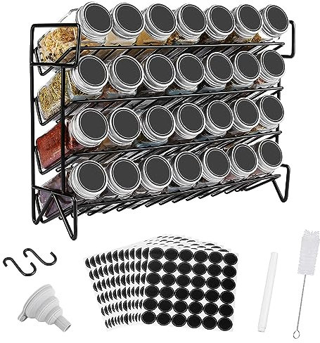 Vtopmart 4-stöckiges Gewürzregal Stehend, 28 Leere Gewürzgläser mit Gestell und 432 Gewürzetiketten, Gewürz-Organizer für Küchen, Schrank, Speisekammer, Schrank, Arbeitsplatte