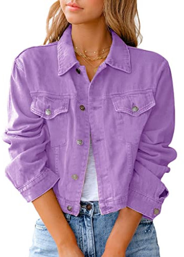 Tomwell Veste en Jean Femme Blouson pour Femme Mi-Saison Manteau Court Veste Casual Boutons Jacket Poches Utility Jacket Automne Hiver Veste Manteau Outwear A Violet M