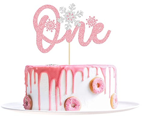 1 Pack Snowflake One Cake Topper Pink Glitter 1st Birthday Party Cake Pick Decorations for Winter Snowflake Theme Baby Shower Kids First Birthday Party Supplies