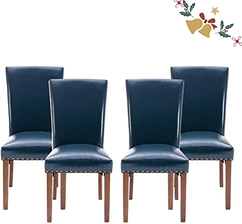 Parsons Dining Chairs Set of 4, Upholstered Nailhead PU Leather Dining Room Kitchen Side Chair with Thick Cushions and Wood Legs, Blue