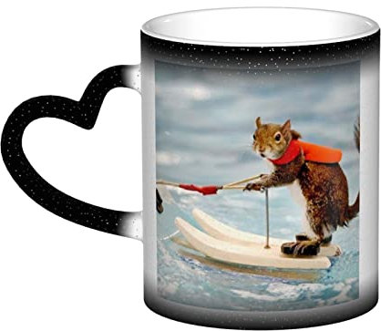 ASEELO Keramik-Kaffeetasse mit Wasserski-Fuchs, Eichhörnchen, Farbwechsel, Thermo-Keramik-Teetassen, Geschenke für Familie und Freunde