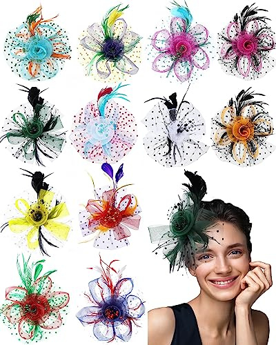 Crowye 12 Pcs Fascinators Hats for Women Tea Party Flower Feathers Mesh on a Headband Tea Party Hat Headwear for Women Cocktail Wedding Spring Mother's Day