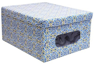 VIRSUS Scatola Portabiancheria per cambio stagione 2489, Misura 40x50x25 cm, Finestra Trasparente, Box Contenitore Salvaspazio Organizer Armadio per vestiti e biancheria (Blu e Giallo Fantasia)