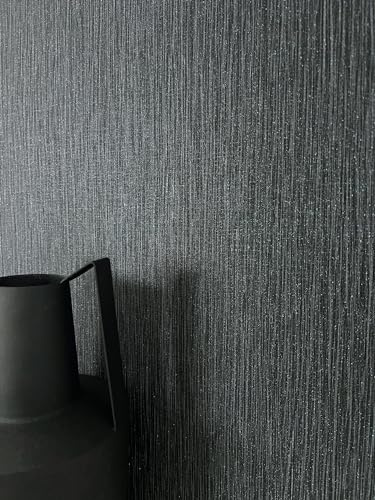 Newroom Vliestapete Schwarz Uni Metallic Anthrazit Tapete Wohnzimmer | Glitzerpartikel, dunkler Metallic-Glanz, feine Linienstruktur, ansatzfrei, edle Wandtapete, Mustertapete, Luxus, Schlafzimmer