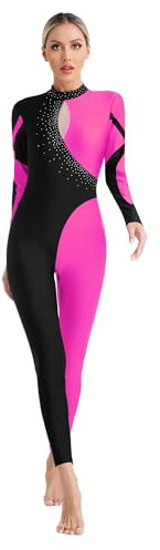 iiniim Damen Turnanzug Glitzer Gymnastikanzug Patchwork Ballettanzug Langarm Eiskunstlauf Body Overall Jumpsuit Akrobatik Anzug Wettbewerb Tanzkostüm Dunkel Rosa XL