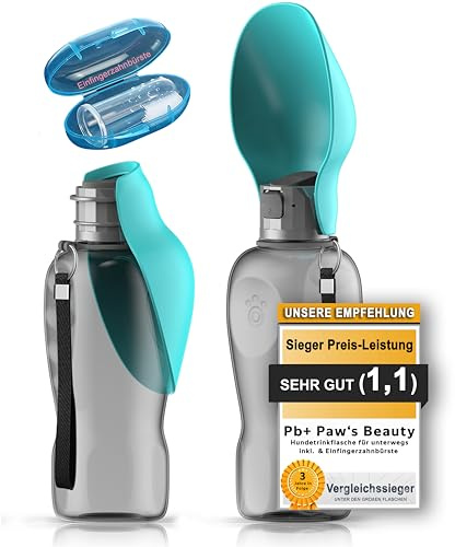 TOP EMPFEHLUNG | Extragroße Faltbare 800ml Hundetrinkflasche für unterwegs inkl. Zahnbürste | Premium Trinkflasche Hund | Trinkflasche Hunde für unterwegs | 100% Auslaufsicher