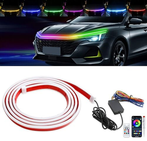 DREAMIZER 180cm Luz de Circulación Diurna Universal para Automóvil, Tira de Luz RGB para Capó de Automóvil, Luz Multicolor Impermeable Flexible Kit de Inicio de Escaneo para SUV, Camión