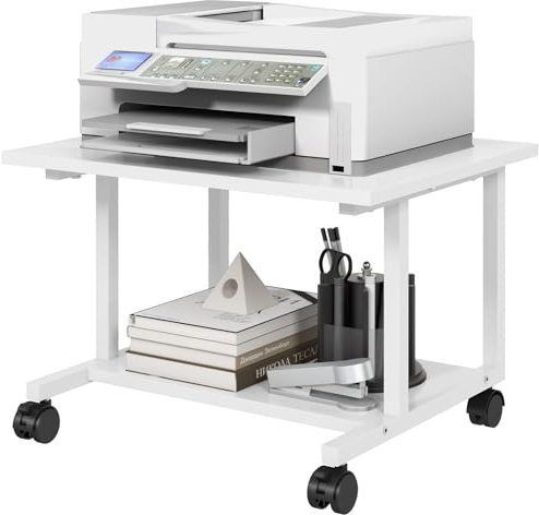 Livofloral Unter Schreibtisch Druckerständer, Mobiler Druckertisch fürs Homeoffice, Druckerwagen mit Rollen, Großer Druckerständer, Druckerwagen für den Schreibtisch, Weiß
