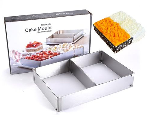OUGPIU Backrahmen Rechteckig Verstellbar,5cm Hoch Edelstahl Backform zum Backen und Dekorieren,Wiederverwendbar Backrahmen Eckig mit Teiler,für Kuchen Torten Pizza Backen,Schichttorten,Dekorieren