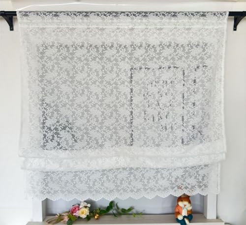 Vordesack Jacquard Raffrollo mit Blumen Muster Landhausstil weiße Spitzenoptik mit gebogten Abschluss Raffgardine mit Stangendurchzug 1 Stück HxB 140x60cm