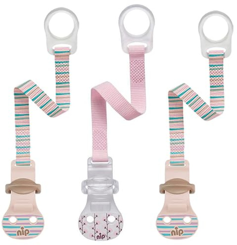 nip Schnullerband mit Ring 3-er Set Rosa Komfort-Verschluss für alle Schnuller mit und ohne Ring Befestigungsring aus flexiblem Silikon made in Germany