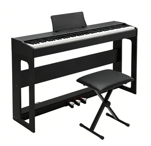LEADZM Piano Numérique 88 Touches, Clavier Entièrement Lesté, Piano Électrique avec MIDI-USB, Bluetooth et Haut-Parleurs Stéréo, 128 Sonorités et Rythmes, Système à 3 Pédales (Noir+BancA)