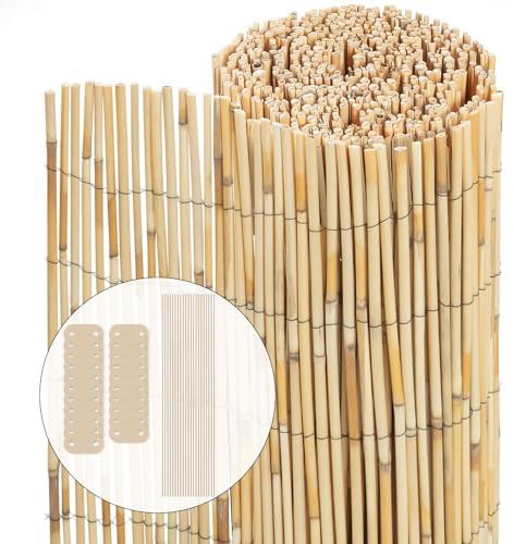 VOUNOT® Pantalla de Valla Caña Natural Reforzada, Pantalla Privacidad Rollos de Vallas Decorativas con Herrajes Montaje, Estera Caña Protección Visual Al Aire Libre para Patio Balcón Jardín, 140x600cm