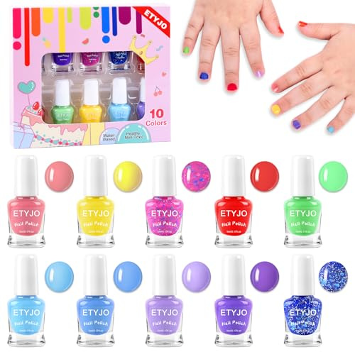 ETYJO Kinder Nagellack Set - 10 Farben, Schnelltrocknend, Ungiftig, Peel-Off Nagellack für Mädchen - Perfekt für Geburtstagsgeschenke