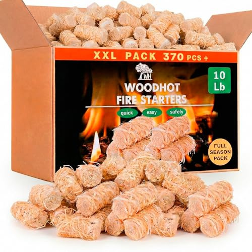 WH 370 pcs Natural Fire Starters for Indoor Fireplace - 10lb Large Box - Long-Burning Charcoal Starters - Odorless Firestarters for Wood Stove, Chimney, Campfires & Grill - Quick Ignite