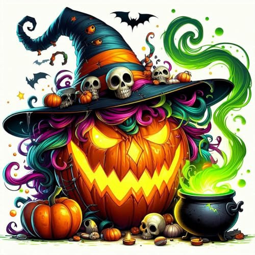 Generisch Halloween Diamond Painting Erwachsene Anfänger, 5D Kürbis Diamant Painting Bilder, Hexe Diamond Painting Totenkopf Diamant Malerei Set für Home Dekoration 40x40cm