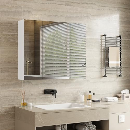 mojiasion Specchio Bagno Contenitore, 70×16×60cm Armadietto con Specchio e 3 Mensola Regolabile, 3 Ante Mobiletto Bagno da Muro, Mobiletto Specchiera, armadio da parete per soggiorno, Bianco